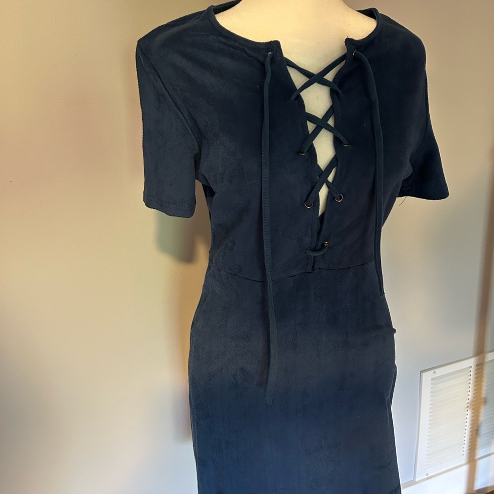 Paper Crane Blue Bodycon Dress Short Sleeve Plunge Neckline